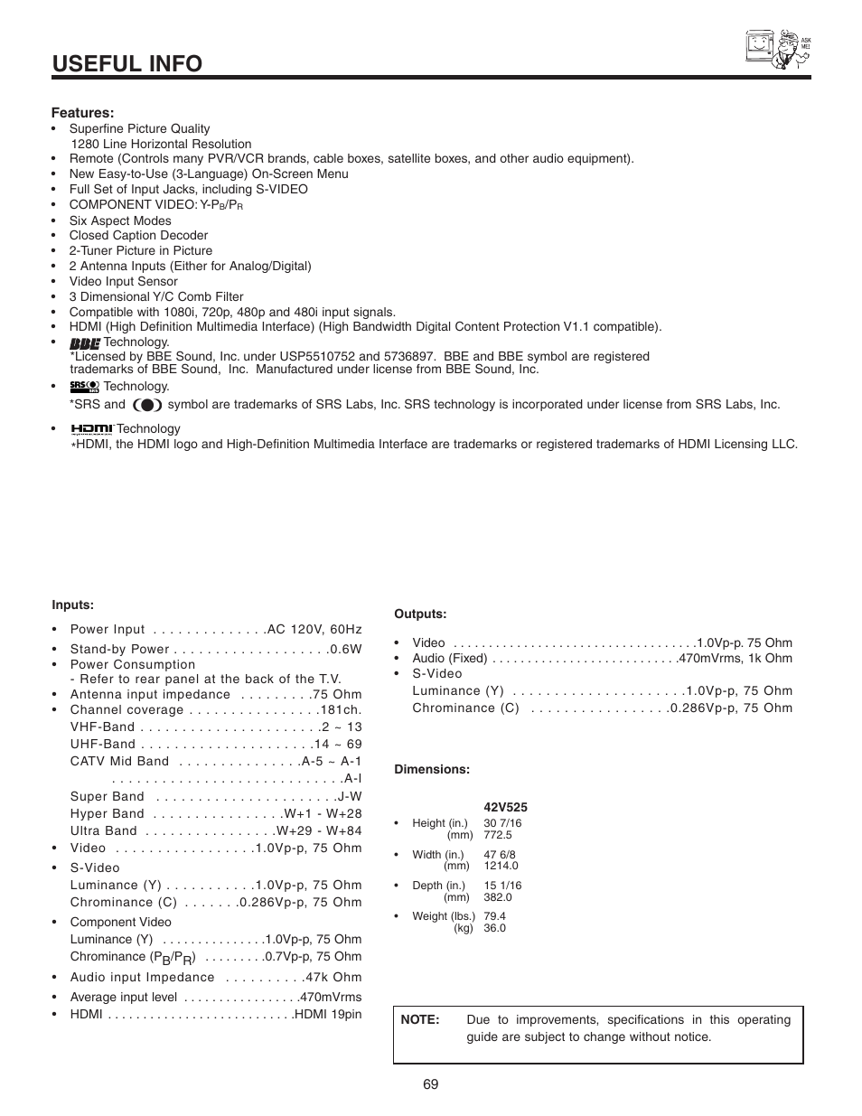 Useful info | Hitachi 42V52 User Manual | Page 69 / 76