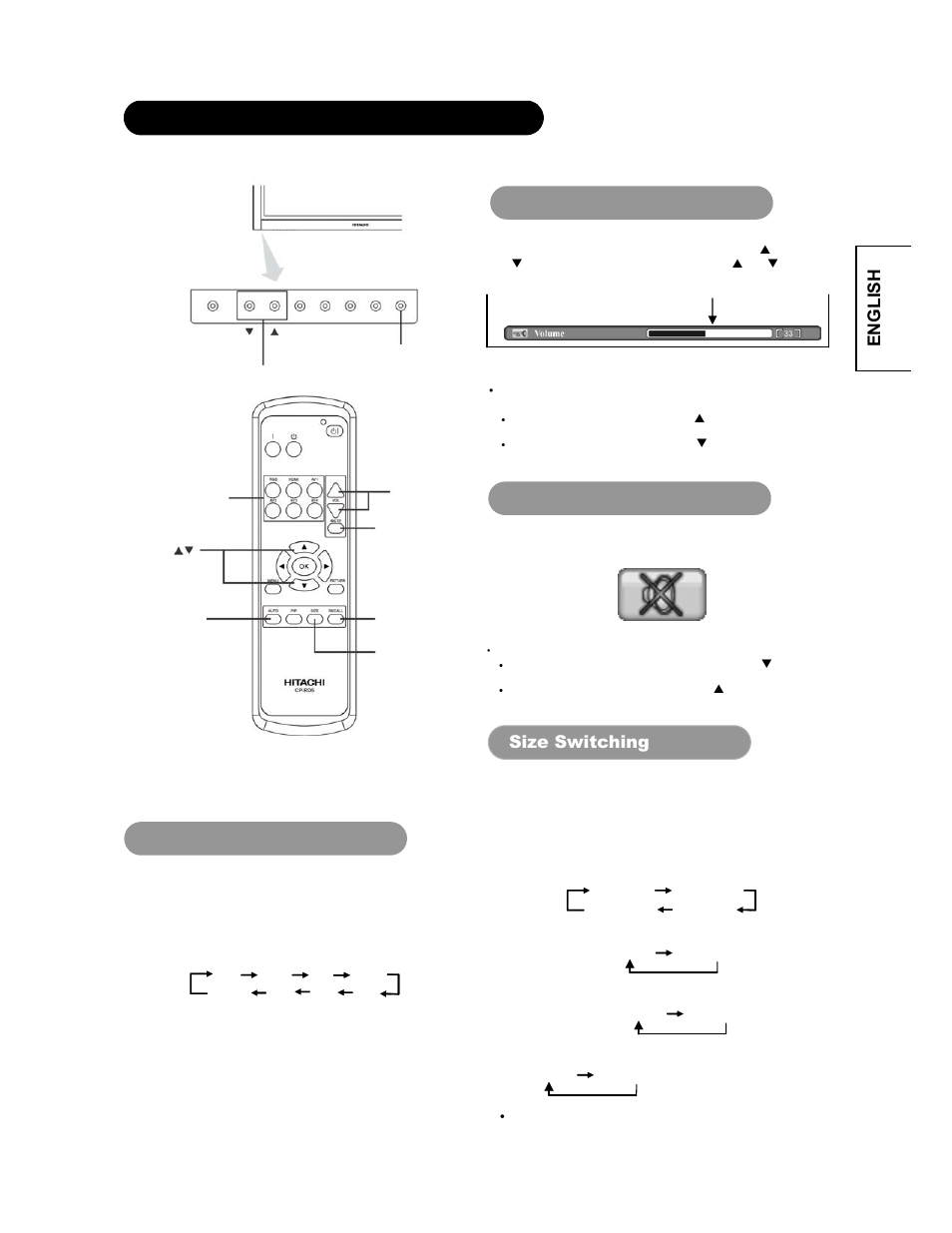 English operating instructions (continued), Input switching, Volume adjustment | Audio mute, Size switching | Hitachi CMP4221 User Manual | Page 17 / 38