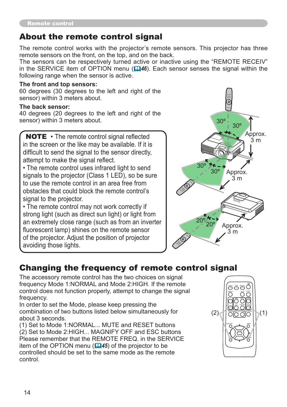 About the remote control signal, Changing the frequency of remote control signal | Hitachi CP-X600 User Manual | Page 14 / 64