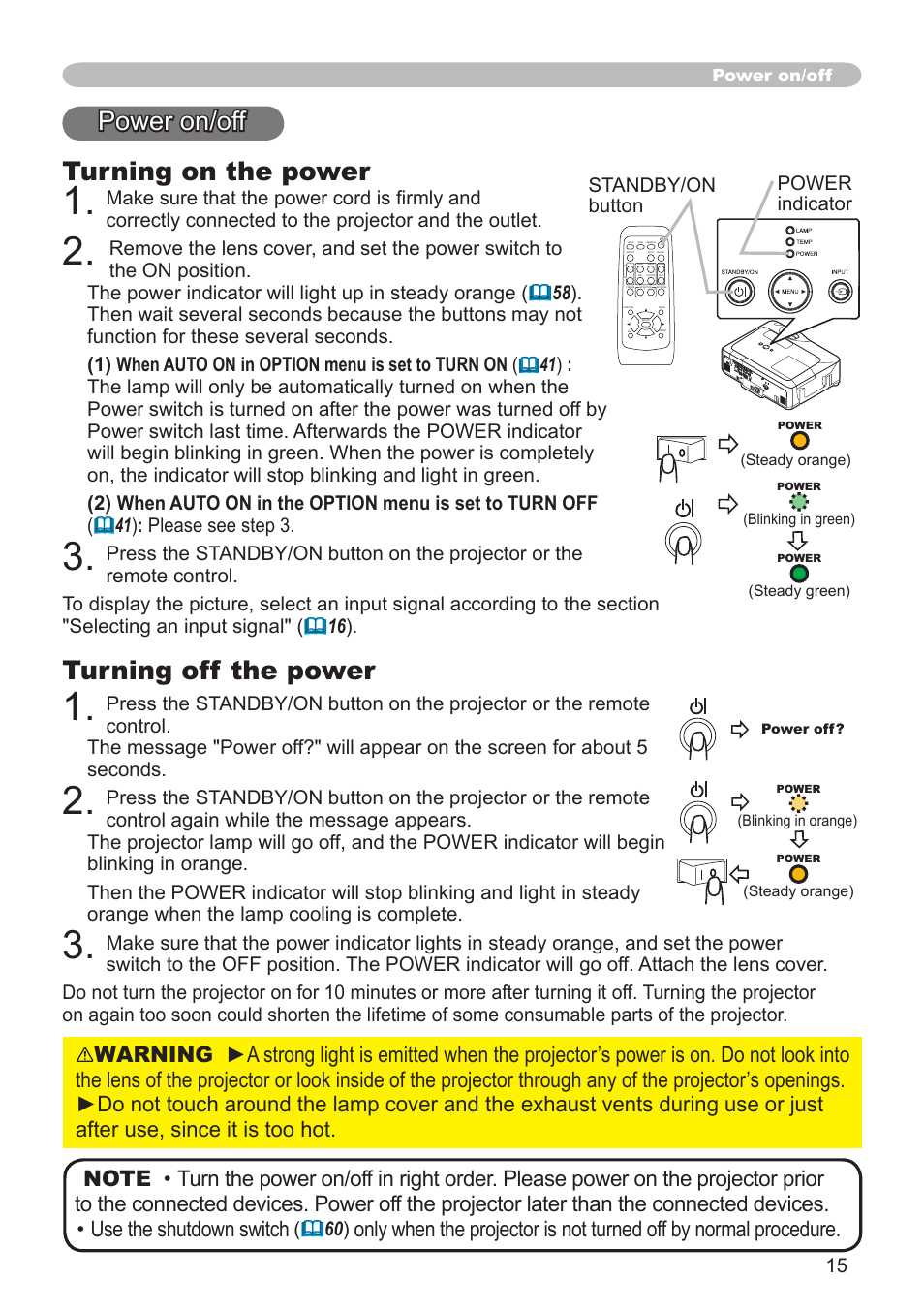 Turning on the power, Turning off the power, Power on/off | Standby/on button power indicator | Hitachi CP-X600 User Manual | Page 15 / 64