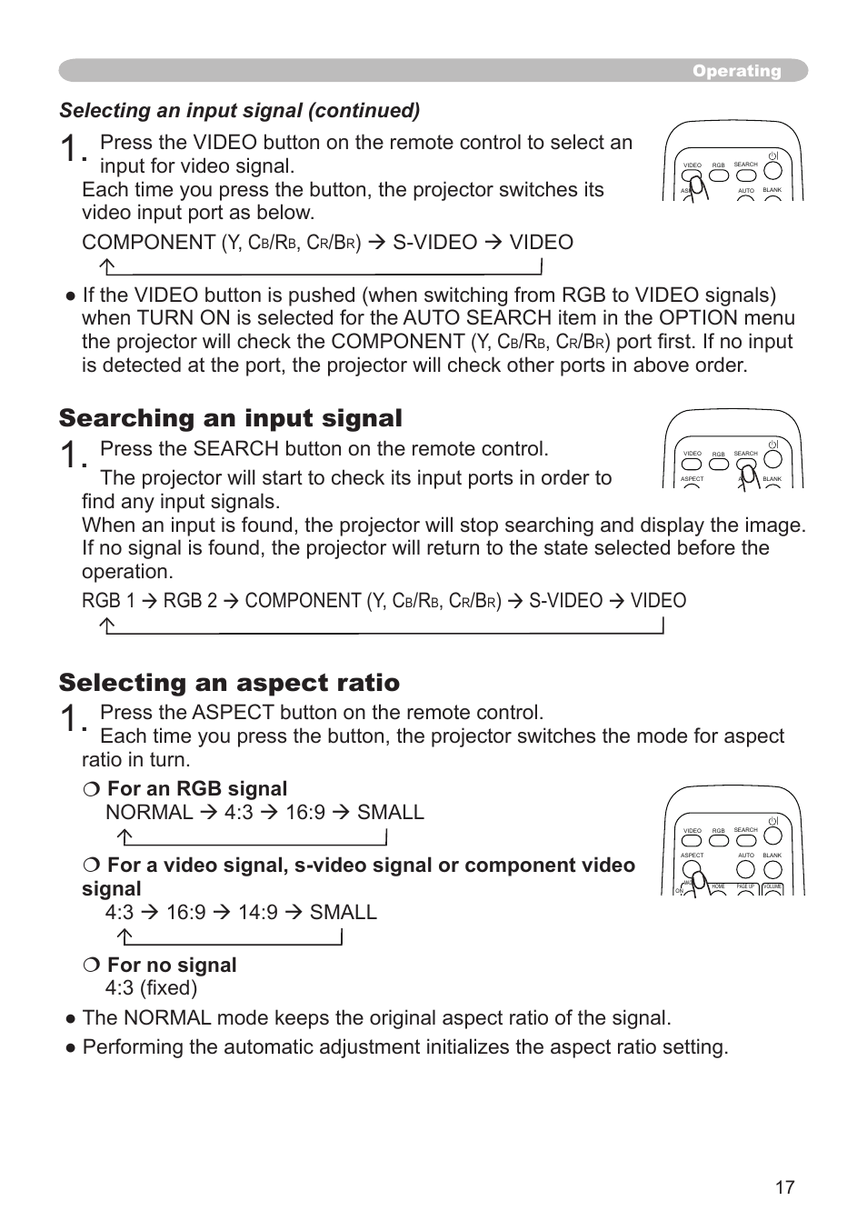 Searching an input signal, Selecting an aspect ratio, Operating | Hitachi CP-X600 User Manual | Page 17 / 64