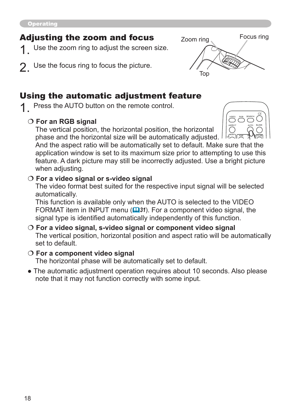 Adjusting the zoom and focus, Using the automatic adjustment feature, Use the zoom ring to adjust the screen size | Use the focus ring to focus the picture | Hitachi CP-X600 User Manual | Page 18 / 64