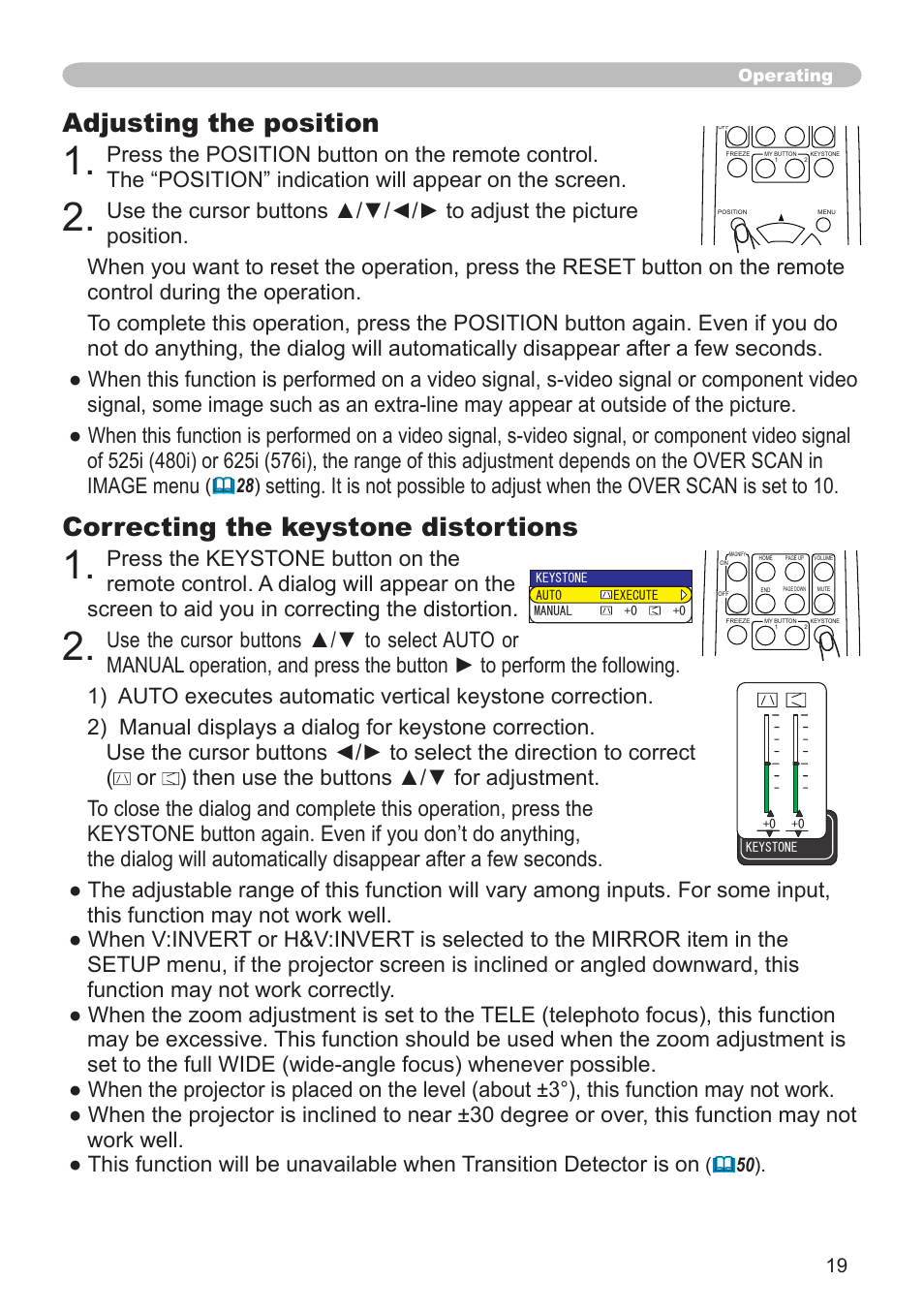 Adjusting the position, Correcting the keystone distortions, Operating | Hitachi CP-X600 User Manual | Page 19 / 64