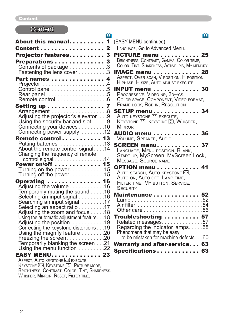 Content | Hitachi CP-X600 User Manual | Page 2 / 64