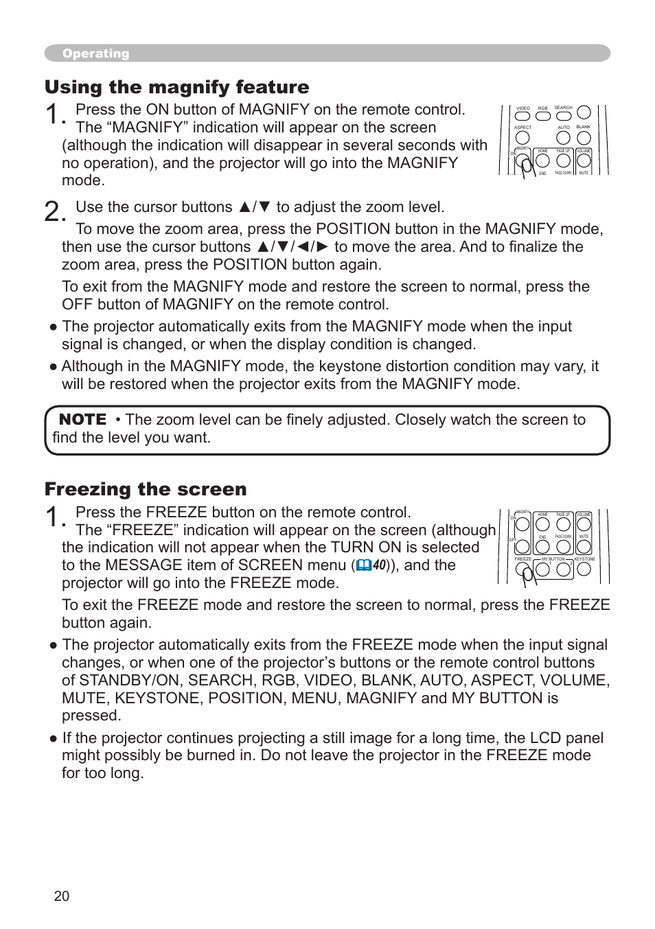 Using the magnify feature, Freezing the screen, Operating | Hitachi CP-X600 User Manual | Page 20 / 64