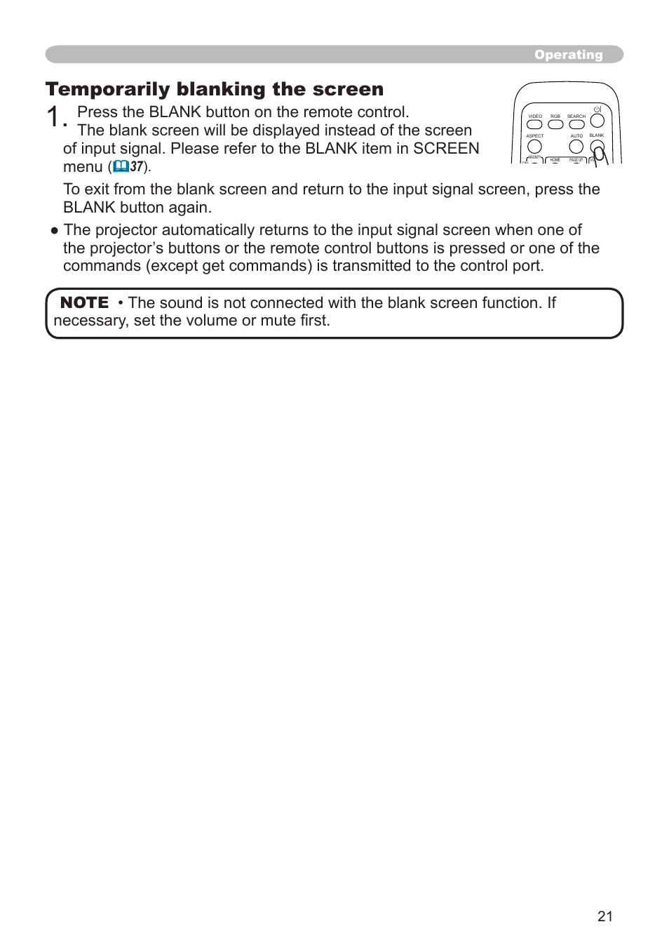 Temporarily blanking the screen, Operating | Hitachi CP-X600 User Manual | Page 21 / 64