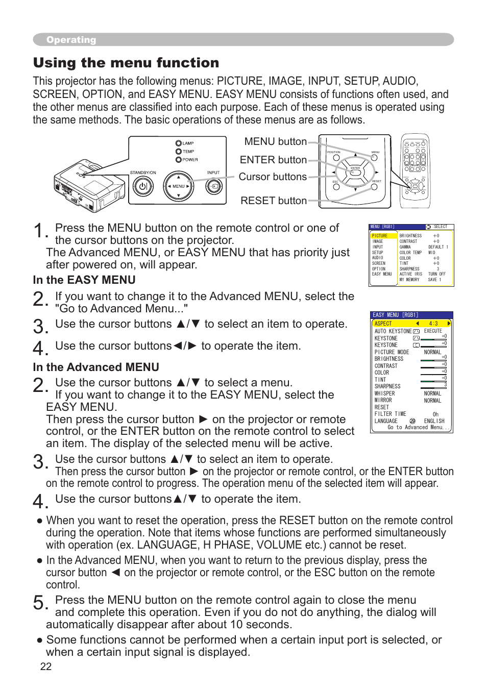 Using the menu function, Operating | Hitachi CP-X600 User Manual | Page 22 / 64