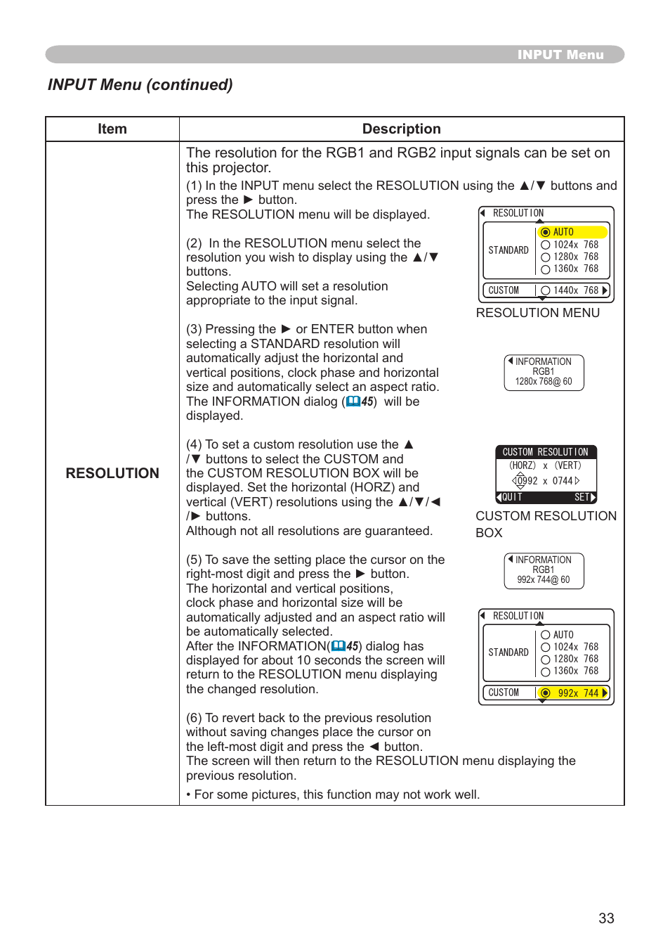 Input menu (continued) | Hitachi CP-X600 User Manual | Page 33 / 64