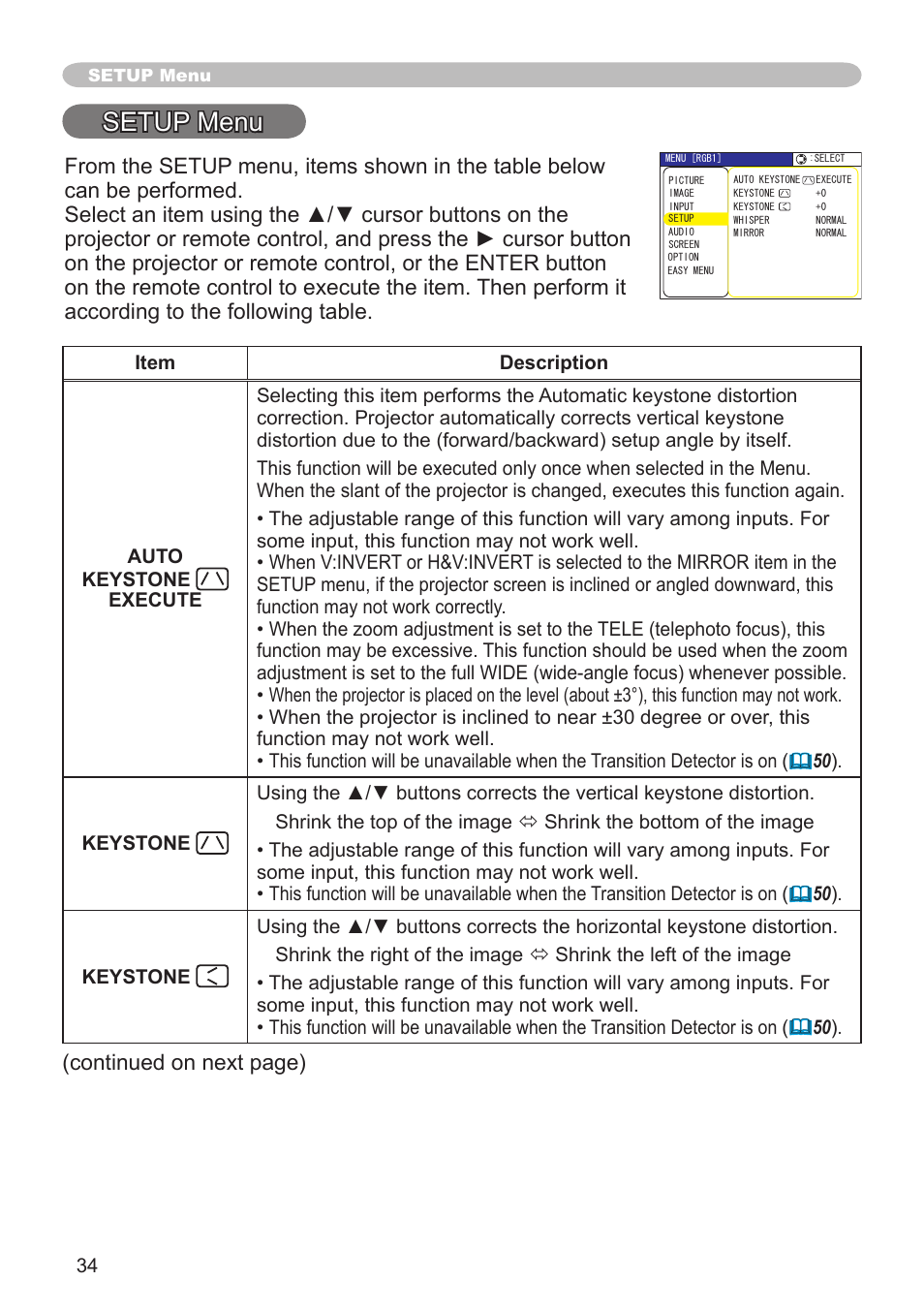 Setup menu, Continued on next page) | Hitachi CP-X600 User Manual | Page 34 / 64