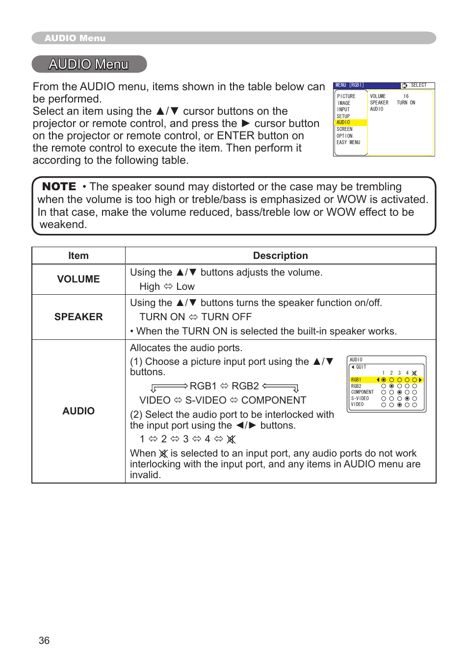 Audio menu | Hitachi CP-X600 User Manual | Page 36 / 64