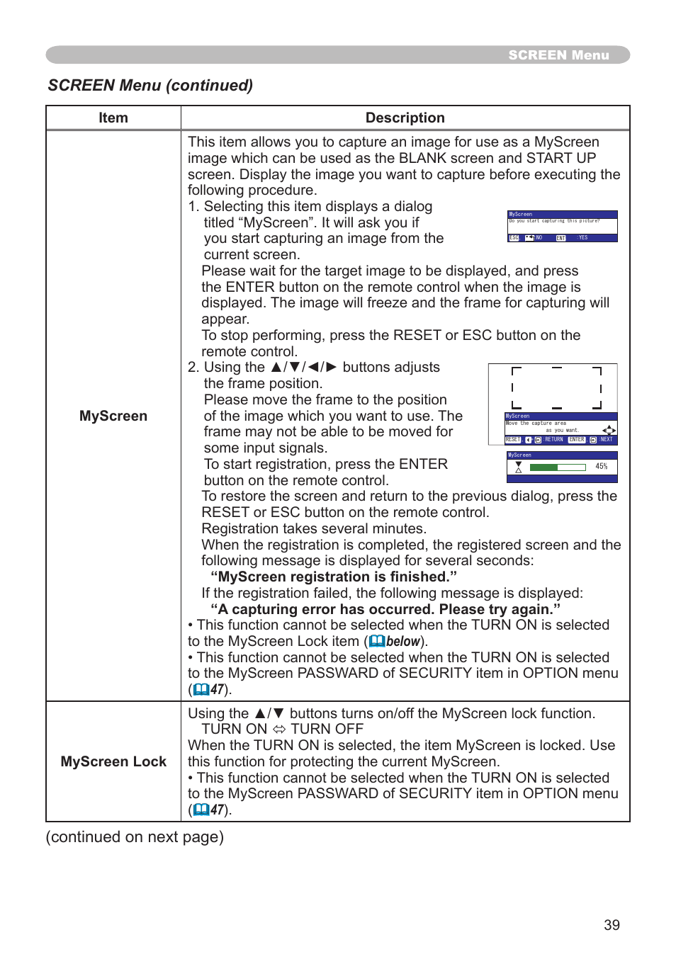 Screen menu (continued), Continued on next page) | Hitachi CP-X600 User Manual | Page 39 / 64