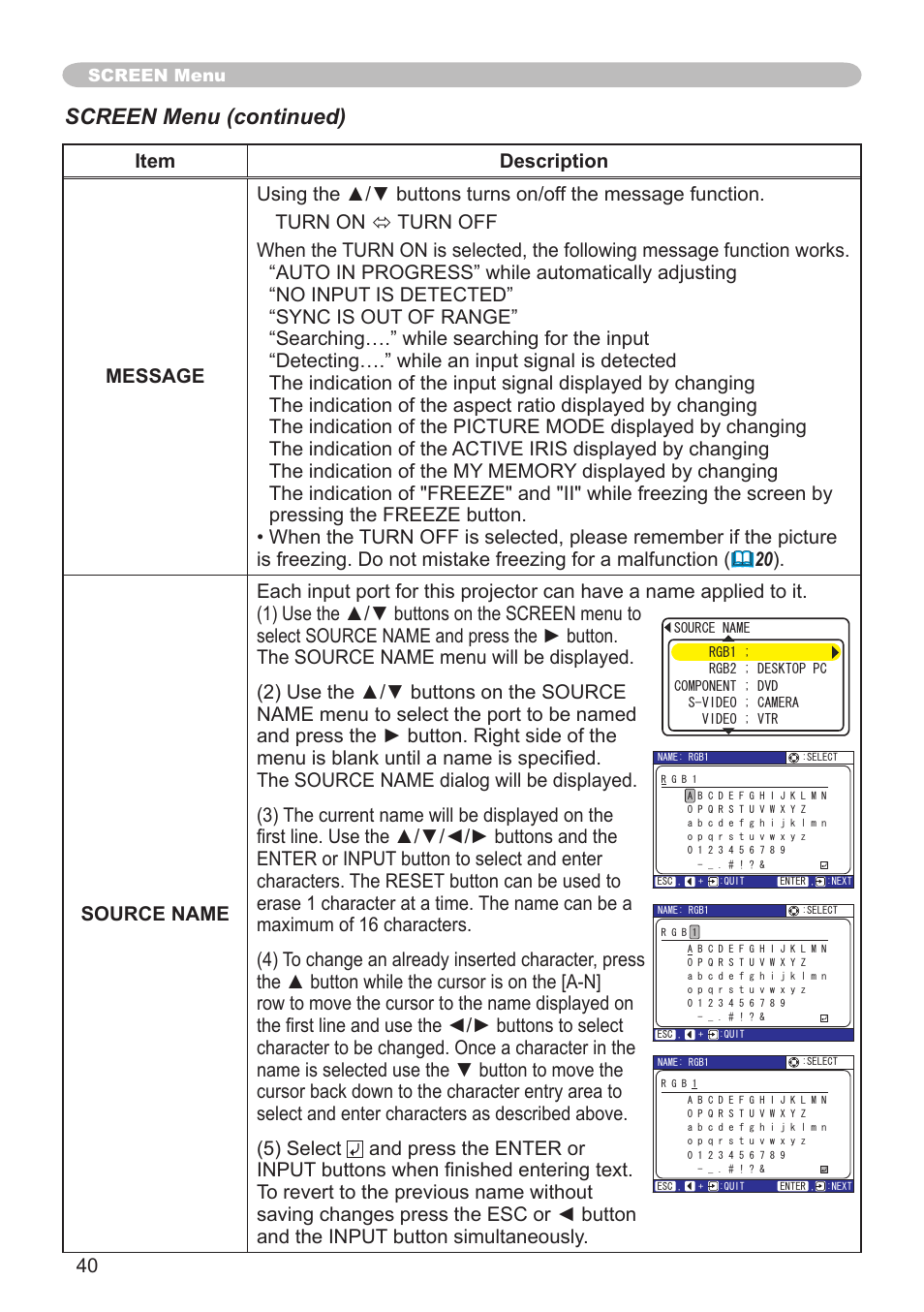 Screen menu (continued) | Hitachi CP-X600 User Manual | Page 40 / 64