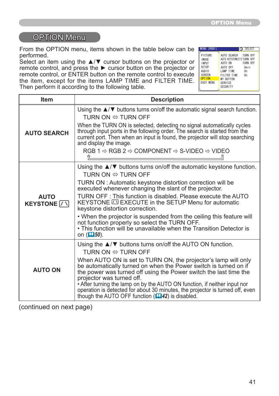 Option menu, Continued on next page) | Hitachi CP-X600 User Manual | Page 41 / 64