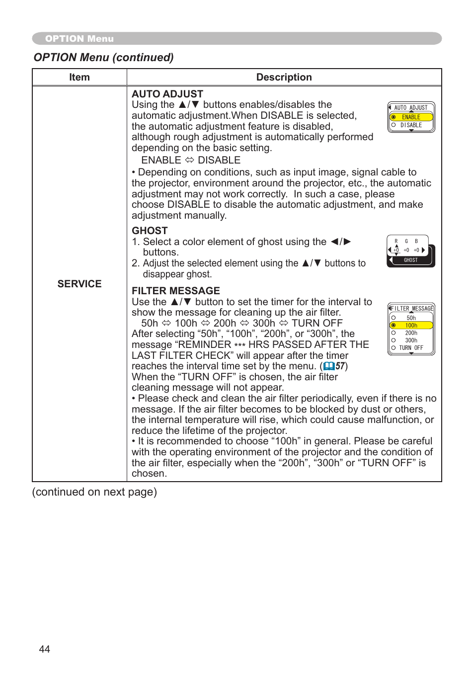 Option menu (continued), Continued on next page) | Hitachi CP-X600 User Manual | Page 44 / 64