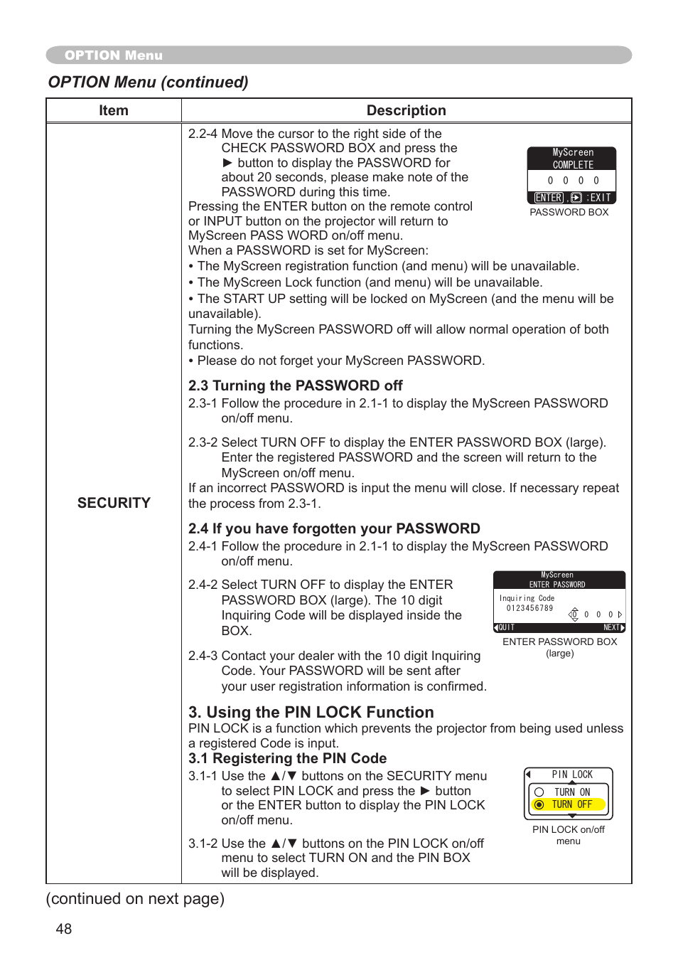 Using the pin lock function, Option menu (continued), Continued on next page) | Hitachi CP-X600 User Manual | Page 48 / 64