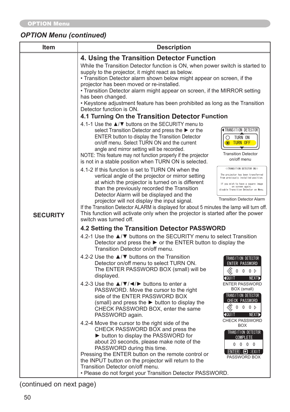 Using the transition detector function, Transition detector, Option menu (continued) | Continued on next page), 50 item description security, 1 turning on the, Function, 2 setting the, Password | Hitachi CP-X600 User Manual | Page 50 / 64