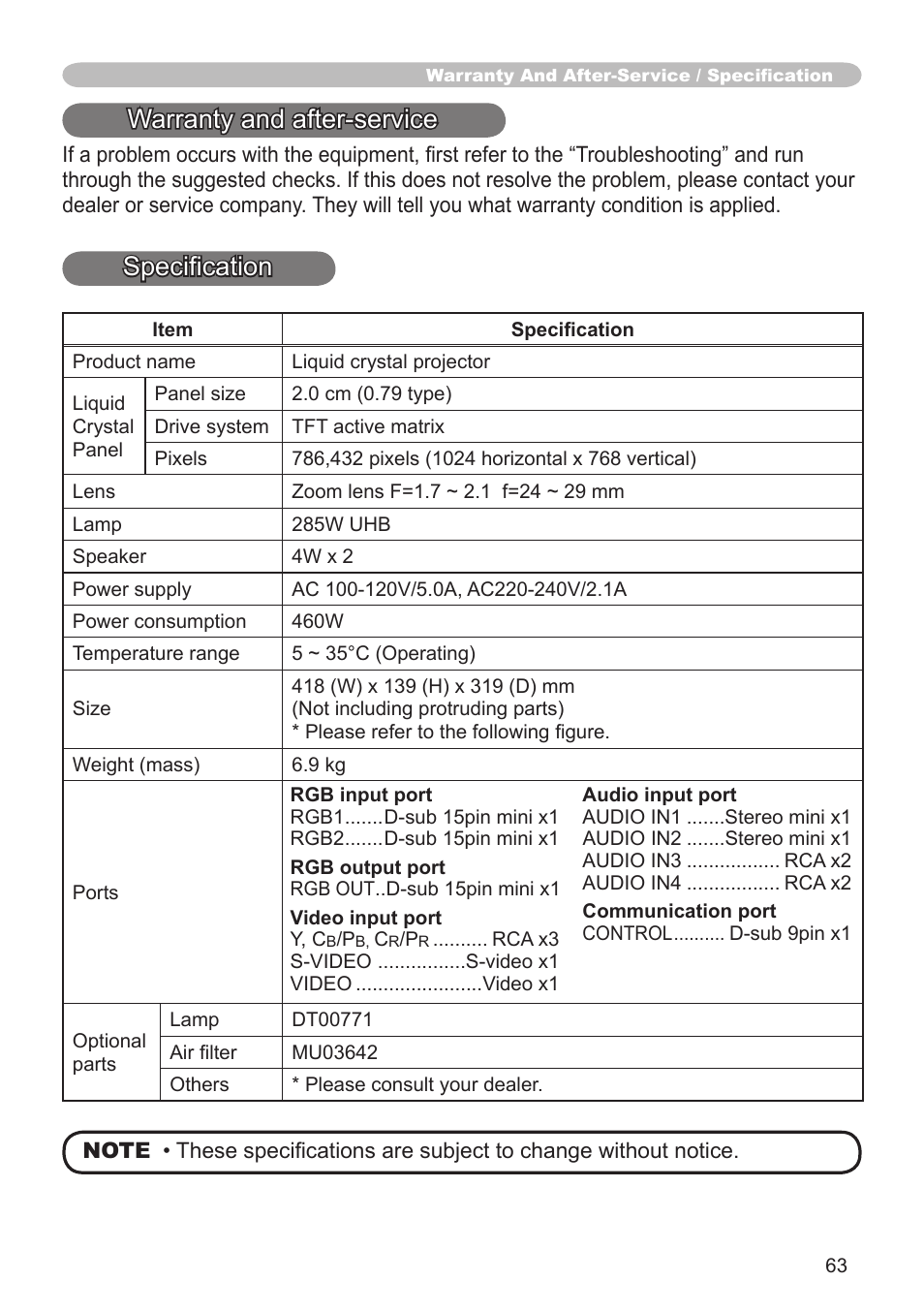 Warranty and after-service, Specification | Hitachi CP-X600 User Manual | Page 63 / 64