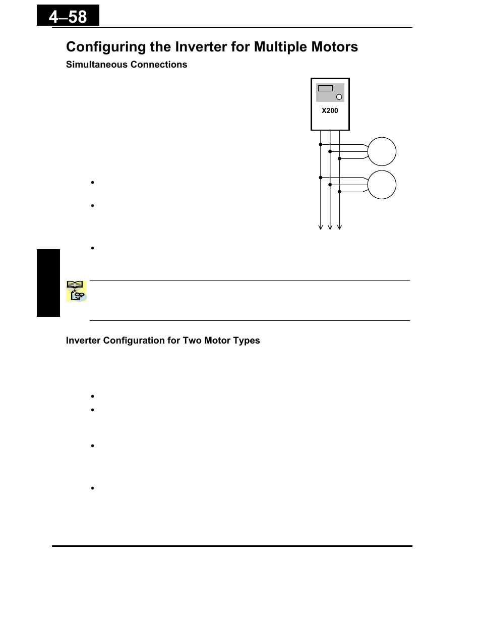 Configuring the inverter for multiple motors -58, Configuring the inverter for multiple motors | Hitachi X200 Series User Manual | Page 197 / 286
