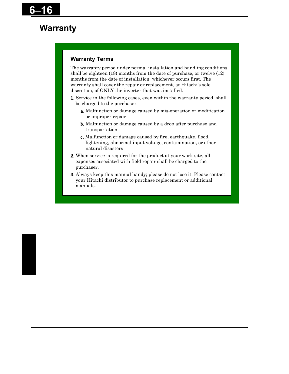 Warranty -16, Warranty | Hitachi X200 Series User Manual | Page 219 / 286