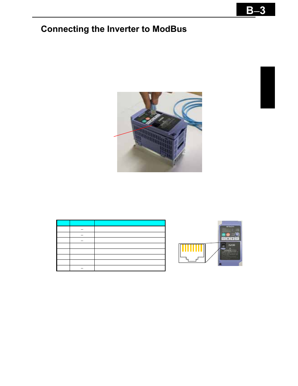 Connecting the inverter to modbus, B − 3 | Hitachi X200 Series User Manual | Page 230 / 286