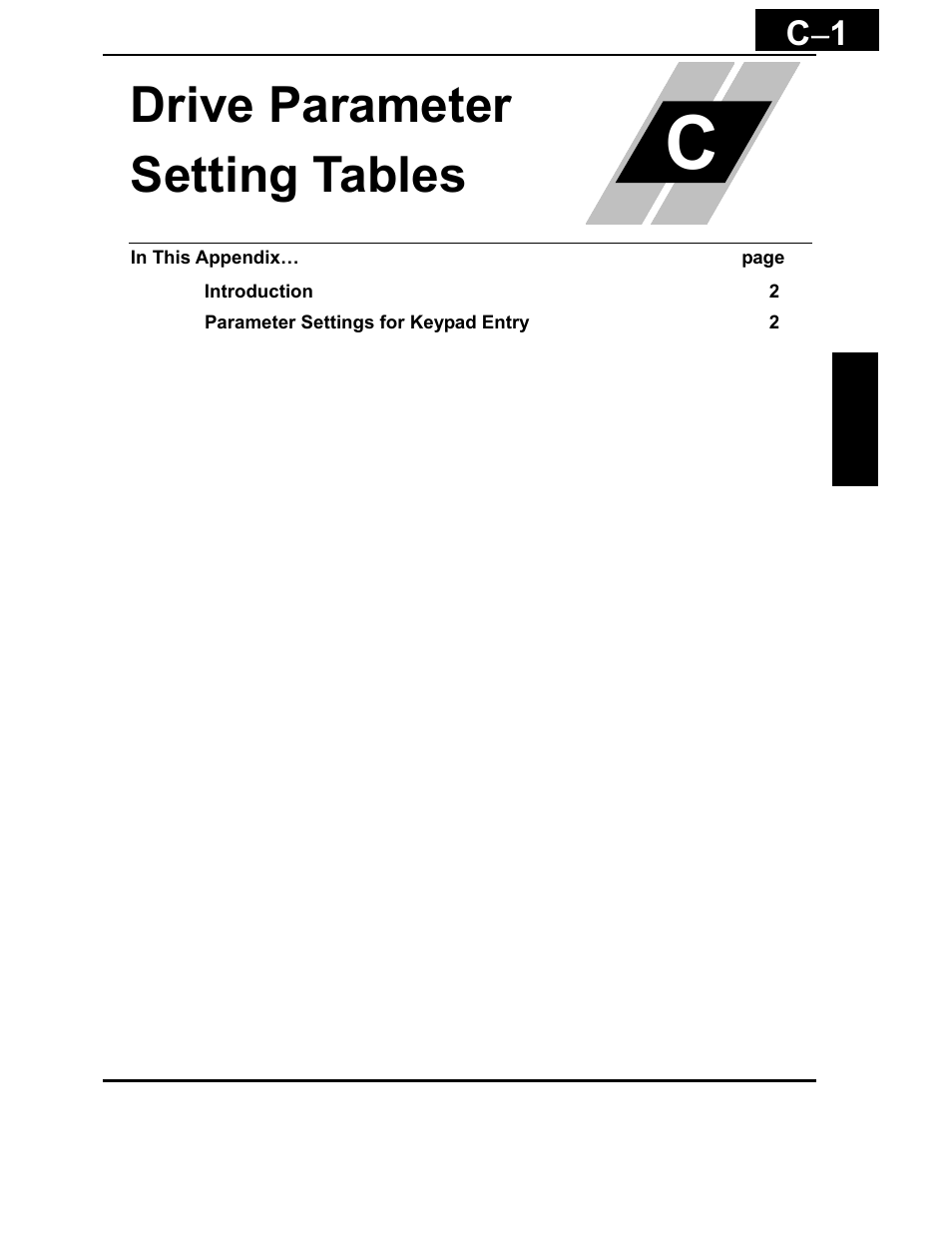Appendix c: drive parameter setting tables, Drive parameter setting tables, C − 1 | Hitachi X200 Series User Manual | Page 267 / 286