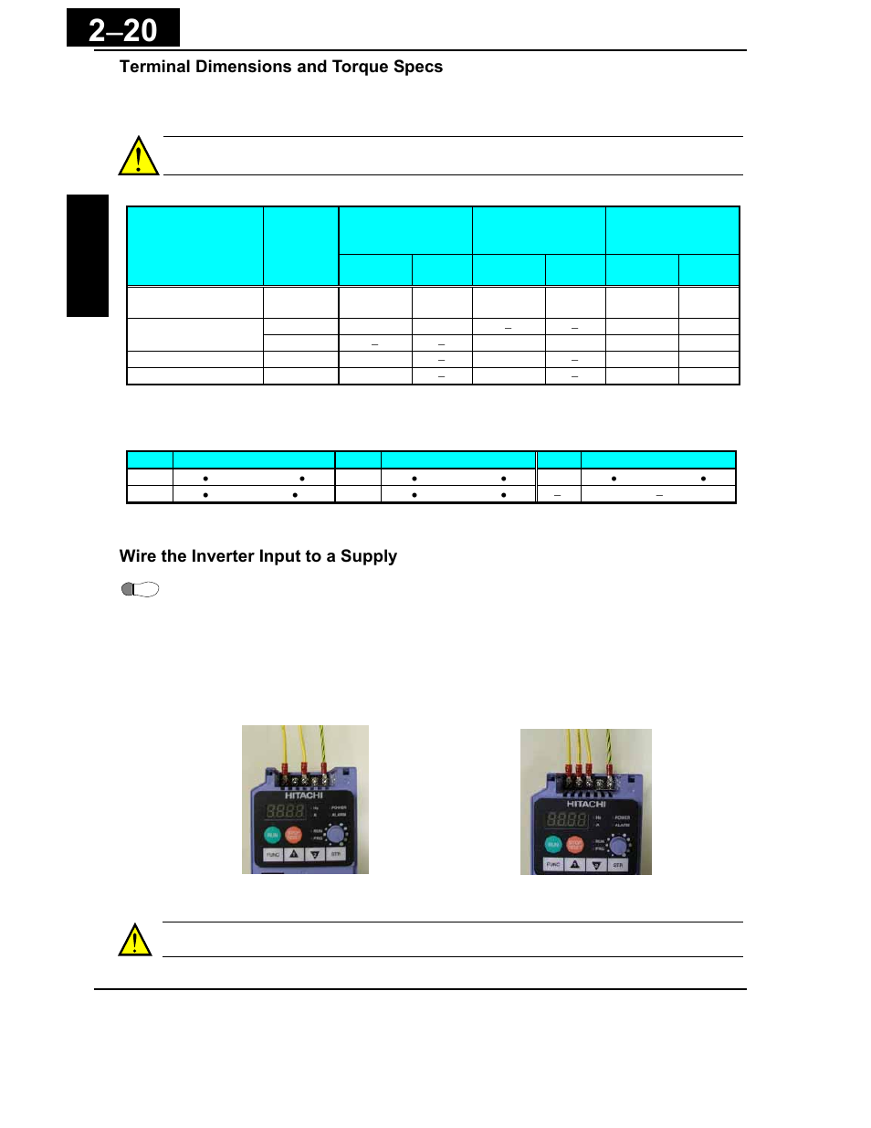 Terminal dimensions and torque specs, Wire the inverter input to a supply | Hitachi X200 Series User Manual | Page 59 / 286