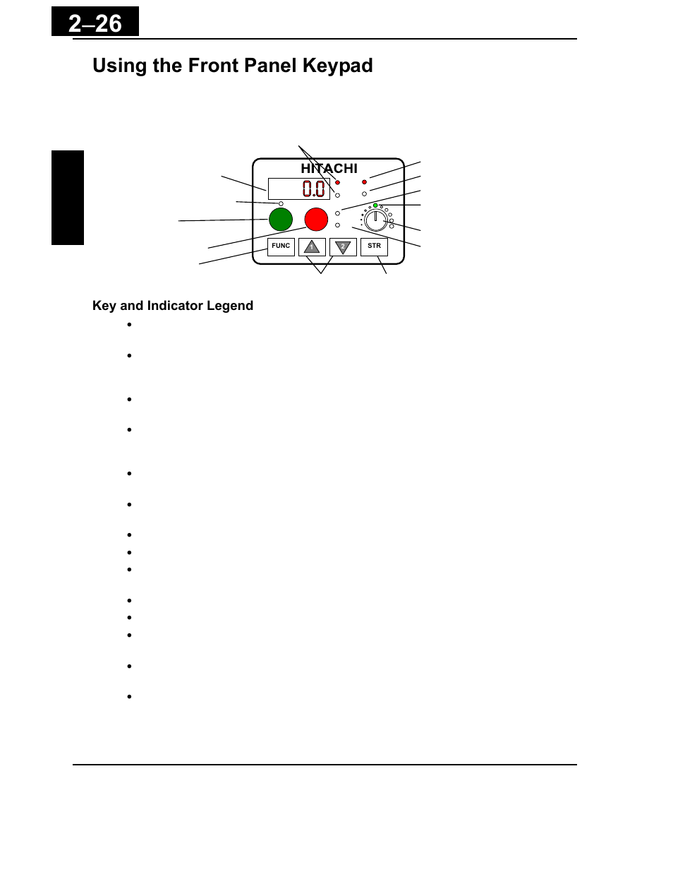Using the front panel keypad -26, Using the front panel keypad, Key and indicator legend | Hitachi X200 Series User Manual | Page 65 / 286