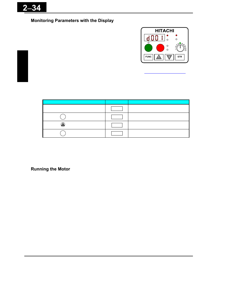 Monitoring parameters with the display, Running the motor | Hitachi X200 Series User Manual | Page 73 / 286
