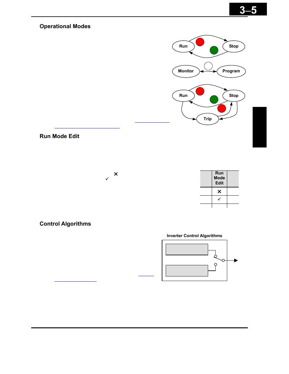 Operational modes, Run mode edit, Control algorithms | Hitachi X200 Series User Manual | Page 79 / 286