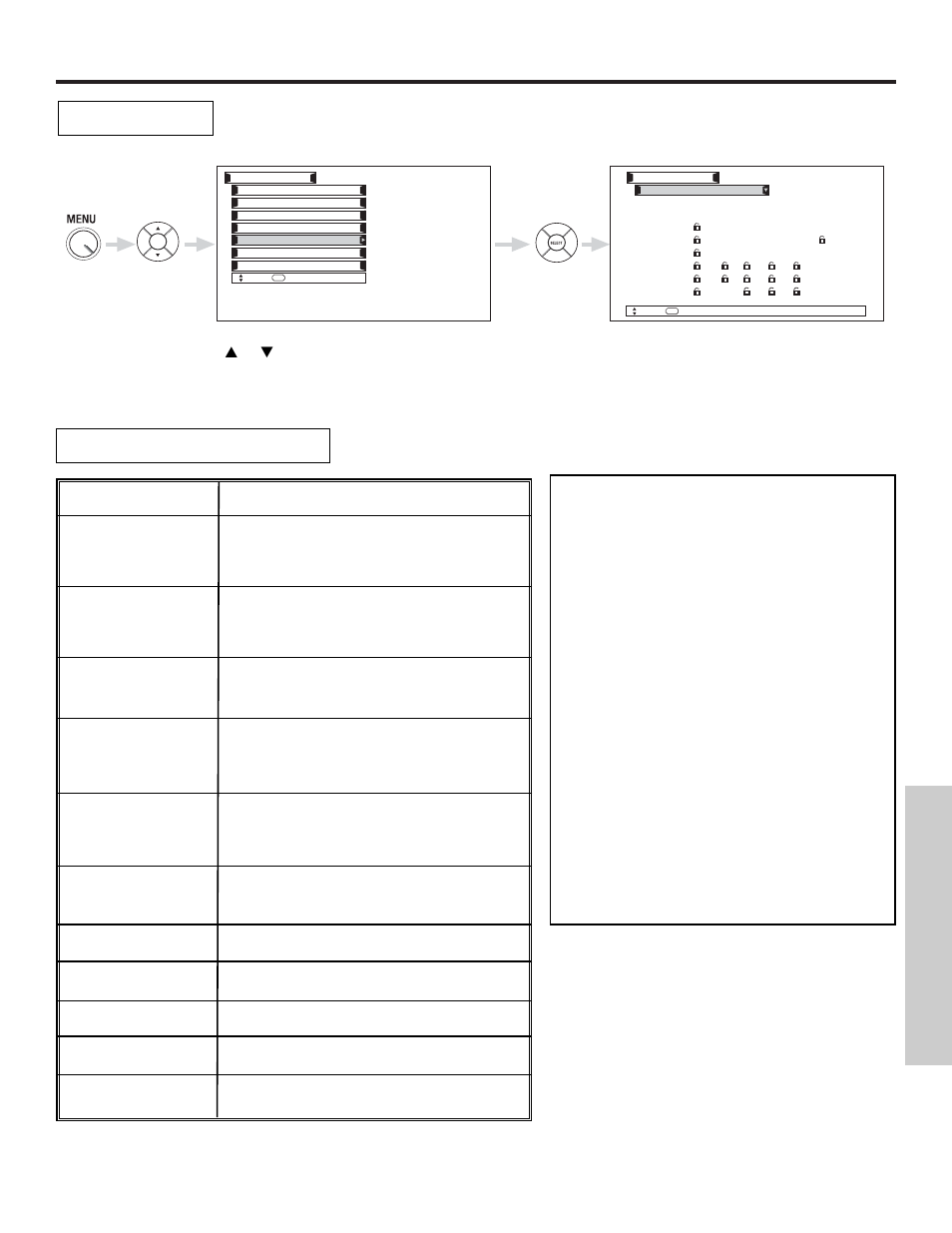 Locks, On-screen displa y, Tv-y tv-y7 tv-g tv-pg tv-14 tv-ma | Hitachi 42HDX61 User Manual | Page 65 / 100