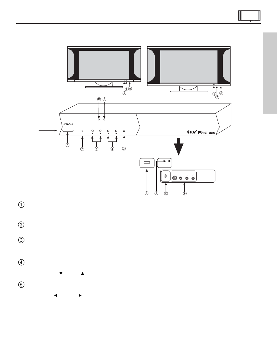Front panel controls, First time use, Front view | Hitachi 42HDX61 User Manual | Page 9 / 100