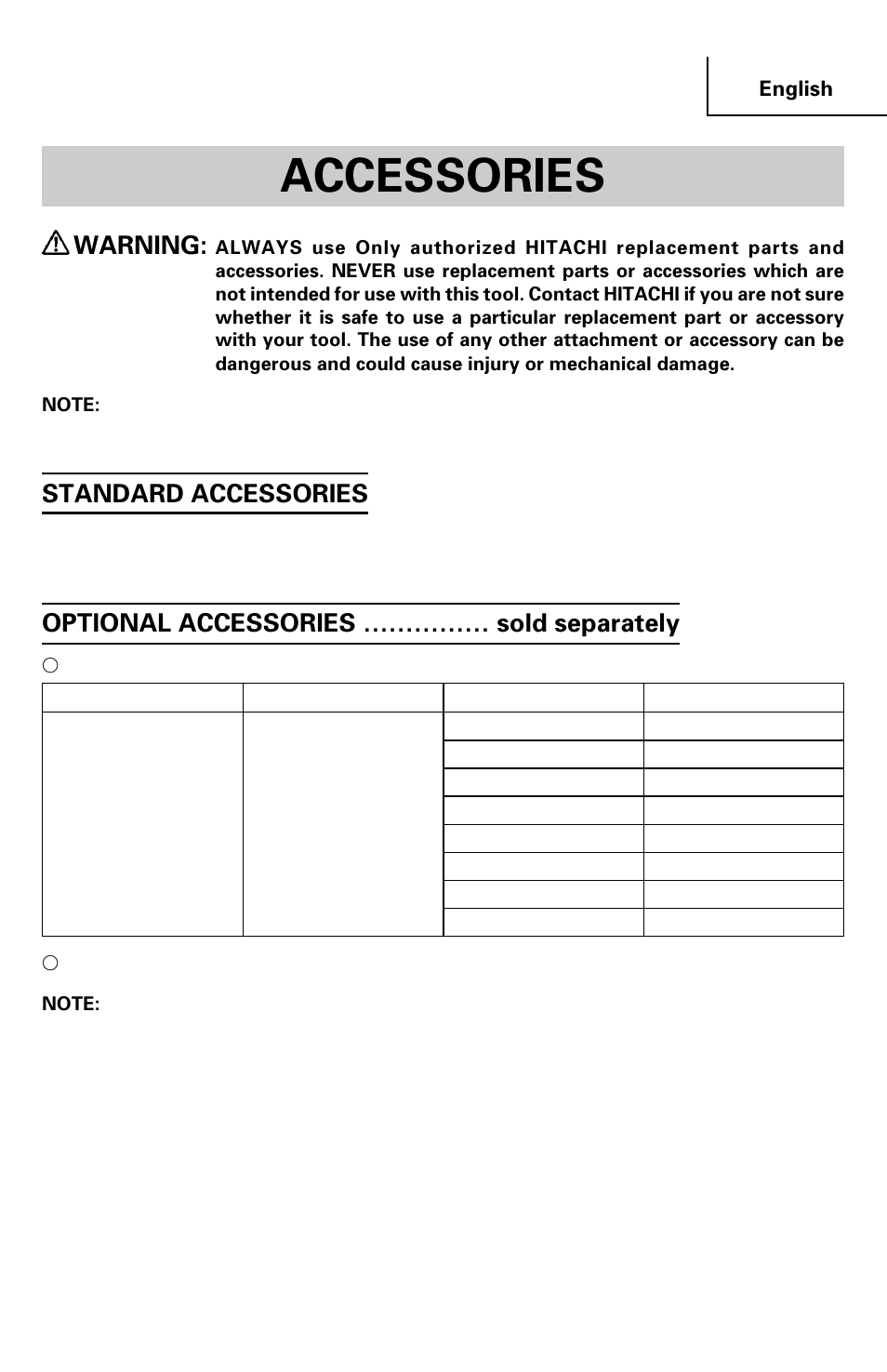 Accessories, Warning, Standard accessories | Optional accessories …………… sold separately | Hitachi SV 13YA User Manual | Page 15 / 44