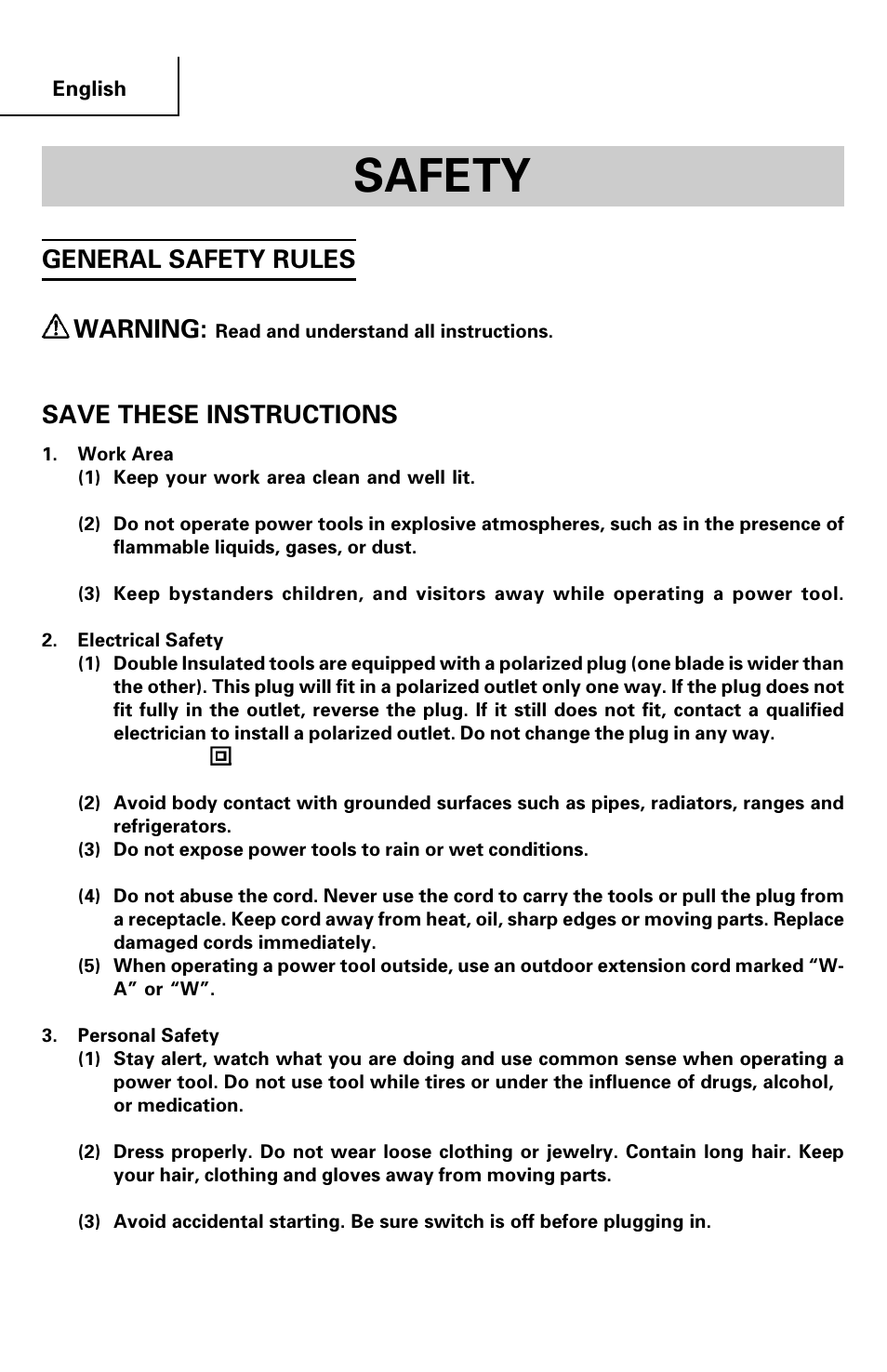 Safety, General safety rules warning, Save these instructions | Hitachi SV 13YA User Manual | Page 4 / 44