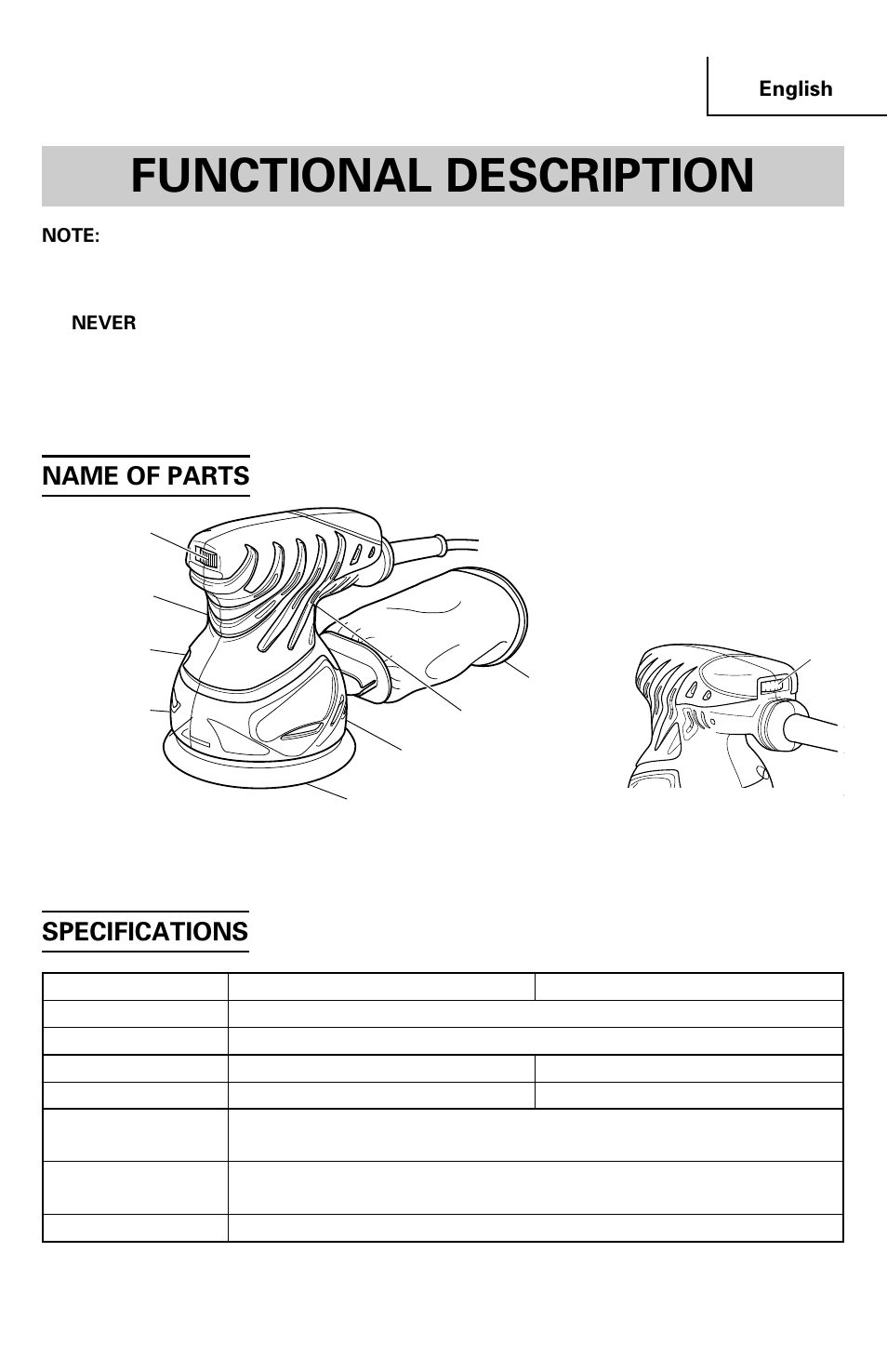 Functional description, Name of parts, Specifications | Hitachi SV 13YA User Manual | Page 9 / 44