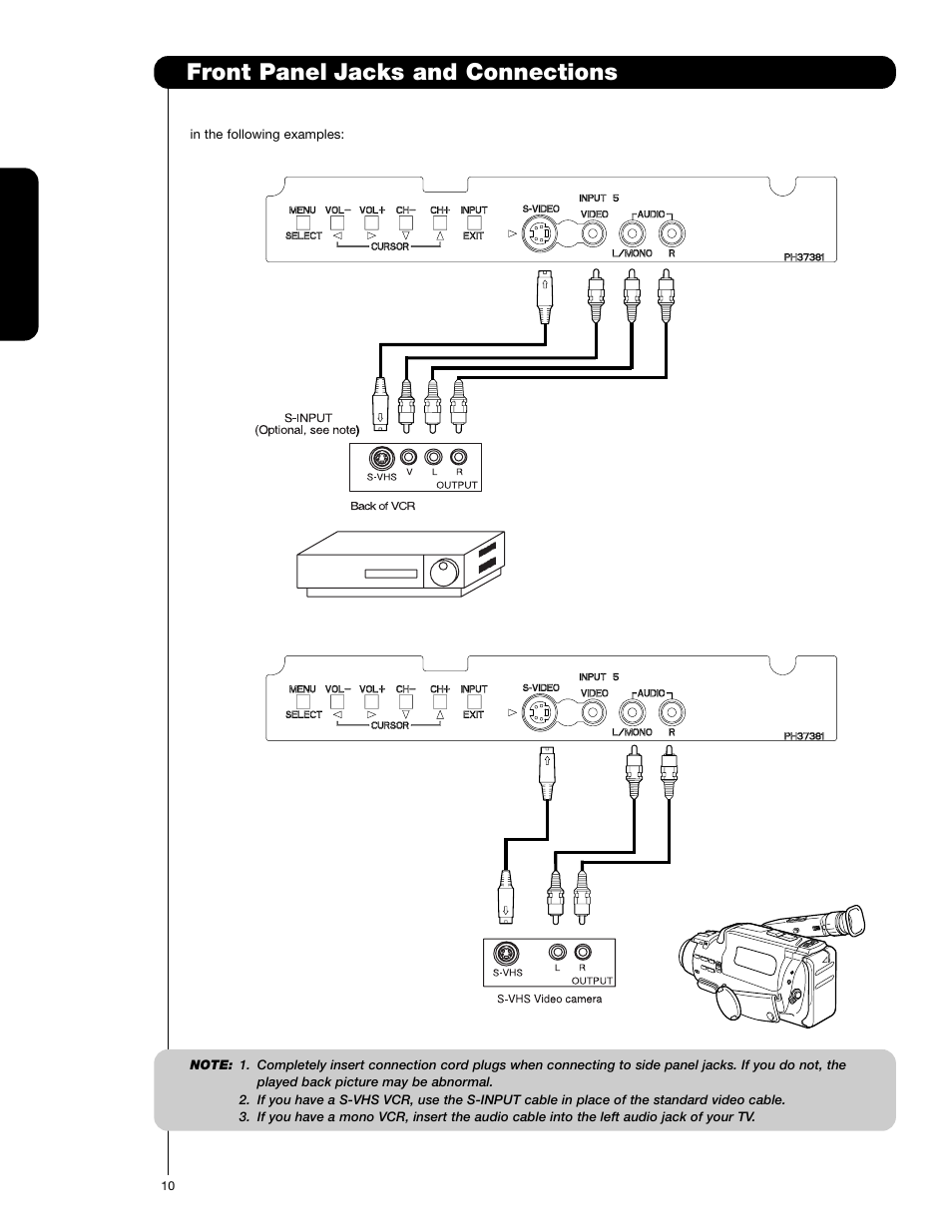 Jacks and connections, Front panel, First time use | Hitachi 62VS69 User Manual | Page 10 / 72