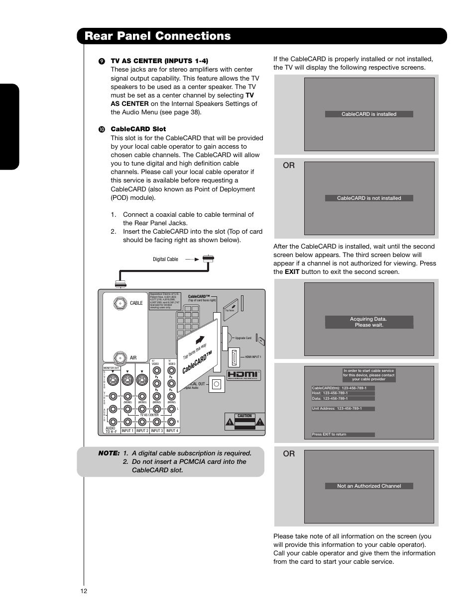 Rear panel connections, First time use, Cablecard | Hitachi 62VS69 User Manual | Page 12 / 72