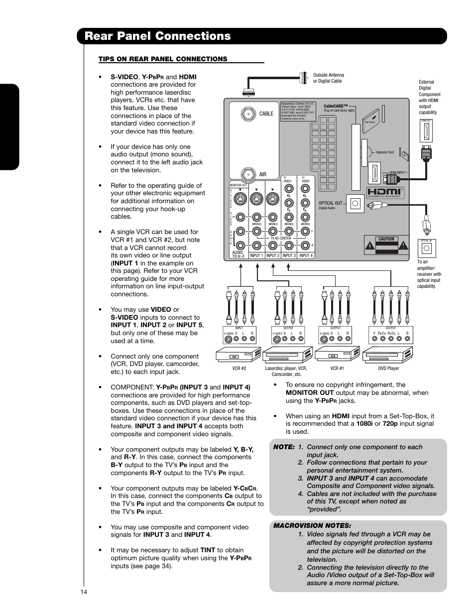 Rear panel connections, First time use, Tips on rear panel connections • s-video , y-p | Input and the components r-y output to the tv’s p, Input. • your component outputs may be labeled y-c, Output to the tv’s p, Input and the components c | Hitachi 62VS69 User Manual | Page 14 / 72