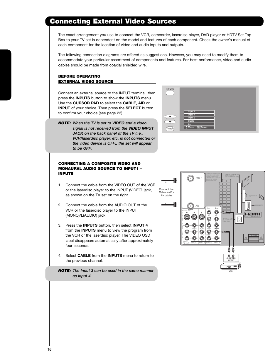 Connecting external video sources, First time use | Hitachi 62VS69 User Manual | Page 16 / 72