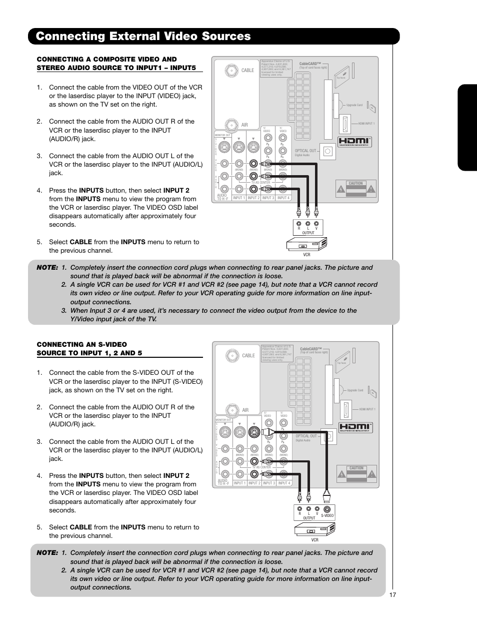 Connecting external video sources, First time use | Hitachi 62VS69 User Manual | Page 17 / 72