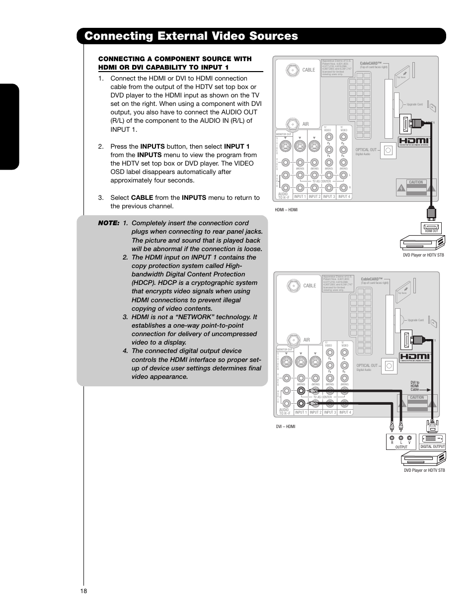 Connecting external video sources, First time use | Hitachi 62VS69 User Manual | Page 18 / 72