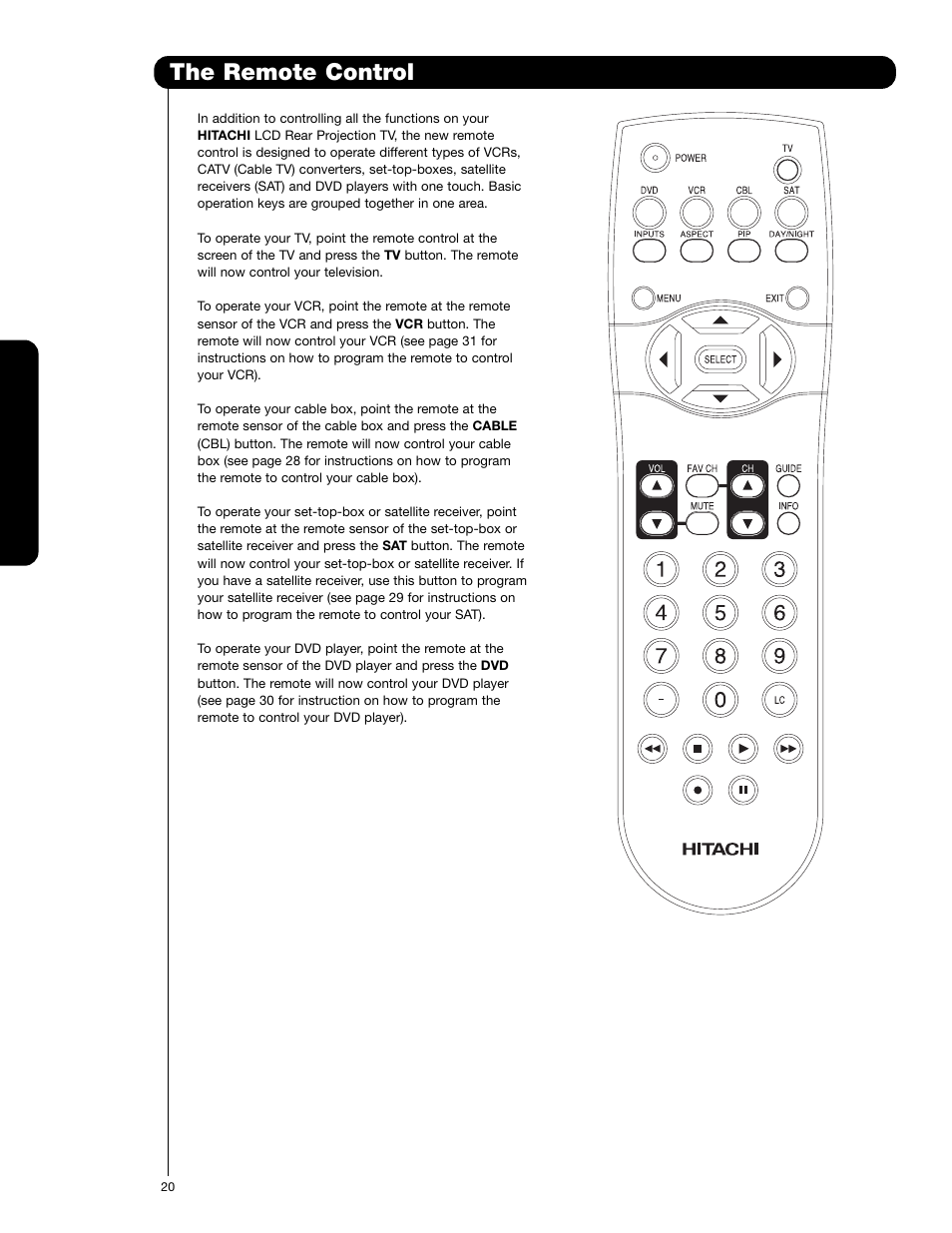 The remote control, The remote cont rol | Hitachi 62VS69 User Manual | Page 20 / 72