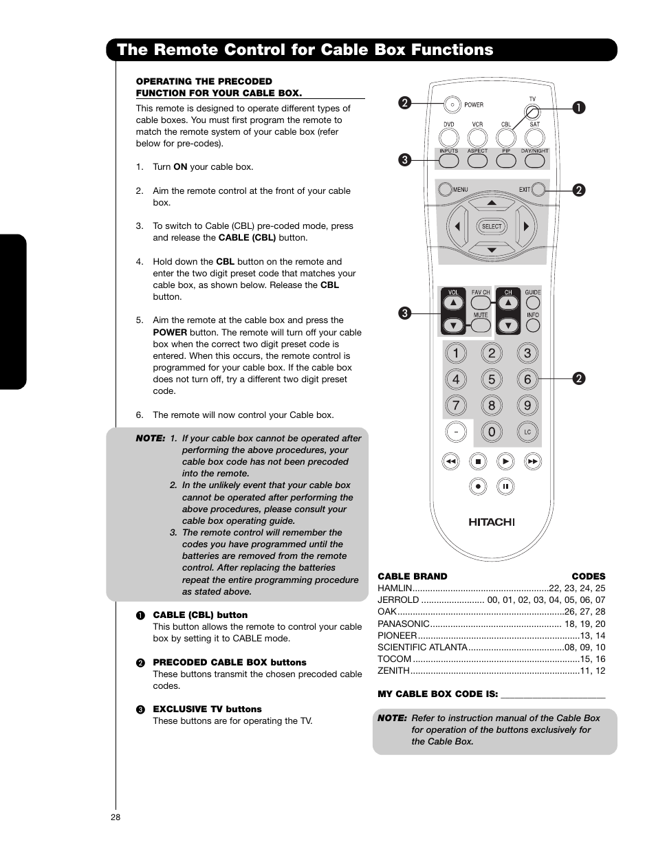 The remote control for cable box functions, The remote cont rol | Hitachi 62VS69 User Manual | Page 28 / 72