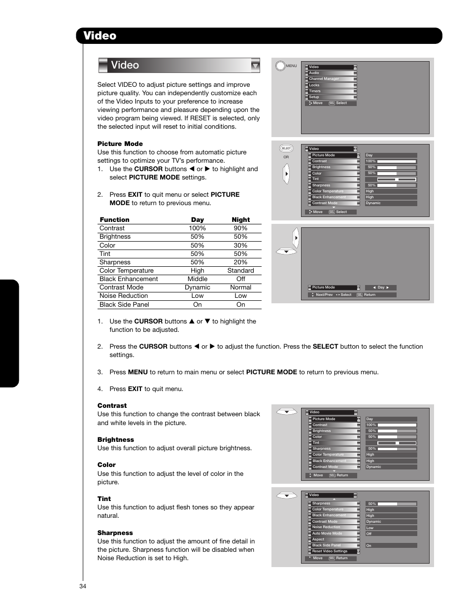 Video, On-sc reen display | Hitachi 62VS69 User Manual | Page 34 / 72