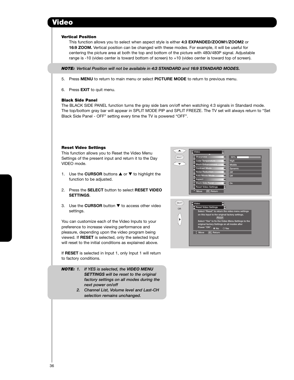 Video, On-sc reen display | Hitachi 62VS69 User Manual | Page 36 / 72