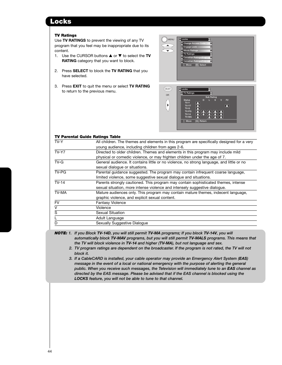 Locks, On-sc reen display | Hitachi 62VS69 User Manual | Page 44 / 72