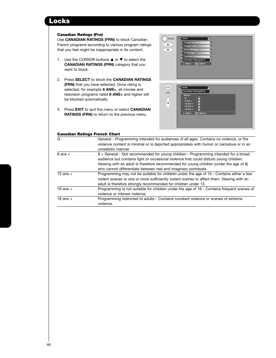 Locks, On-sc reen display | Hitachi 62VS69 User Manual | Page 46 / 72