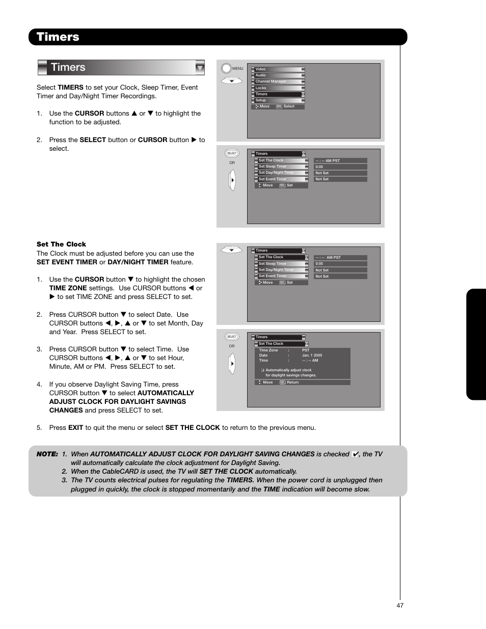 Timers, On-sc reen display | Hitachi 62VS69 User Manual | Page 47 / 72