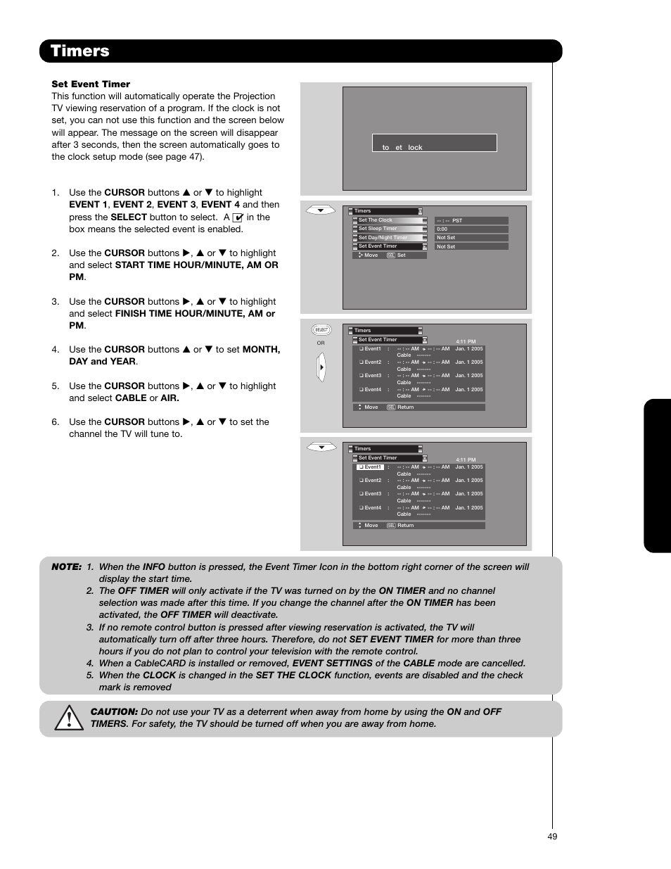 Timers, On-sc reen display | Hitachi 62VS69 User Manual | Page 49 / 72