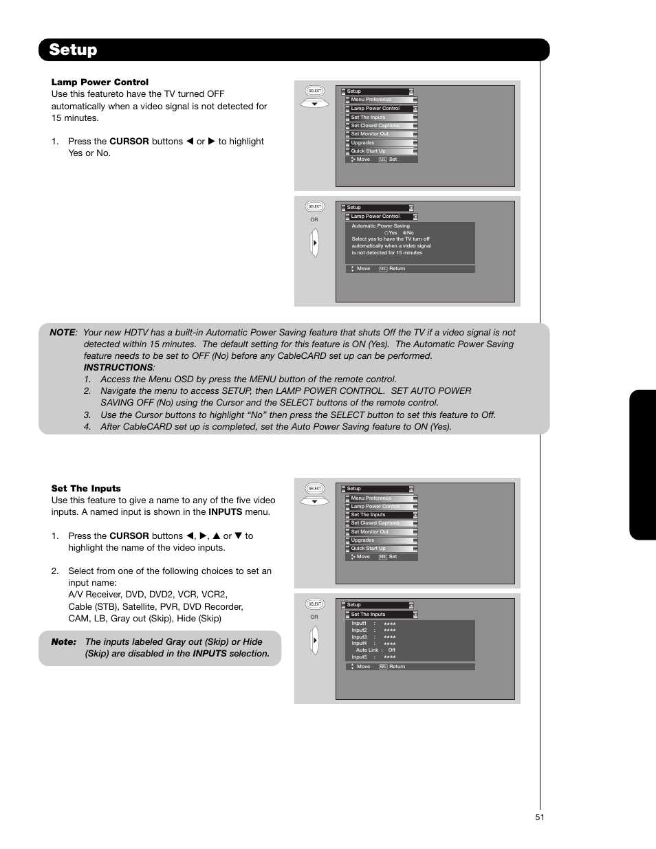 Setup, On-sc reen display | Hitachi 62VS69 User Manual | Page 51 / 72