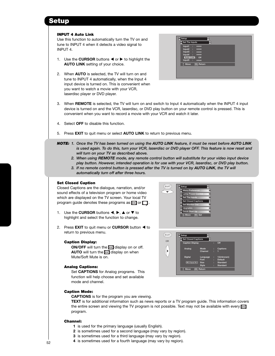 Setup, On-sc reen display | Hitachi 62VS69 User Manual | Page 52 / 72